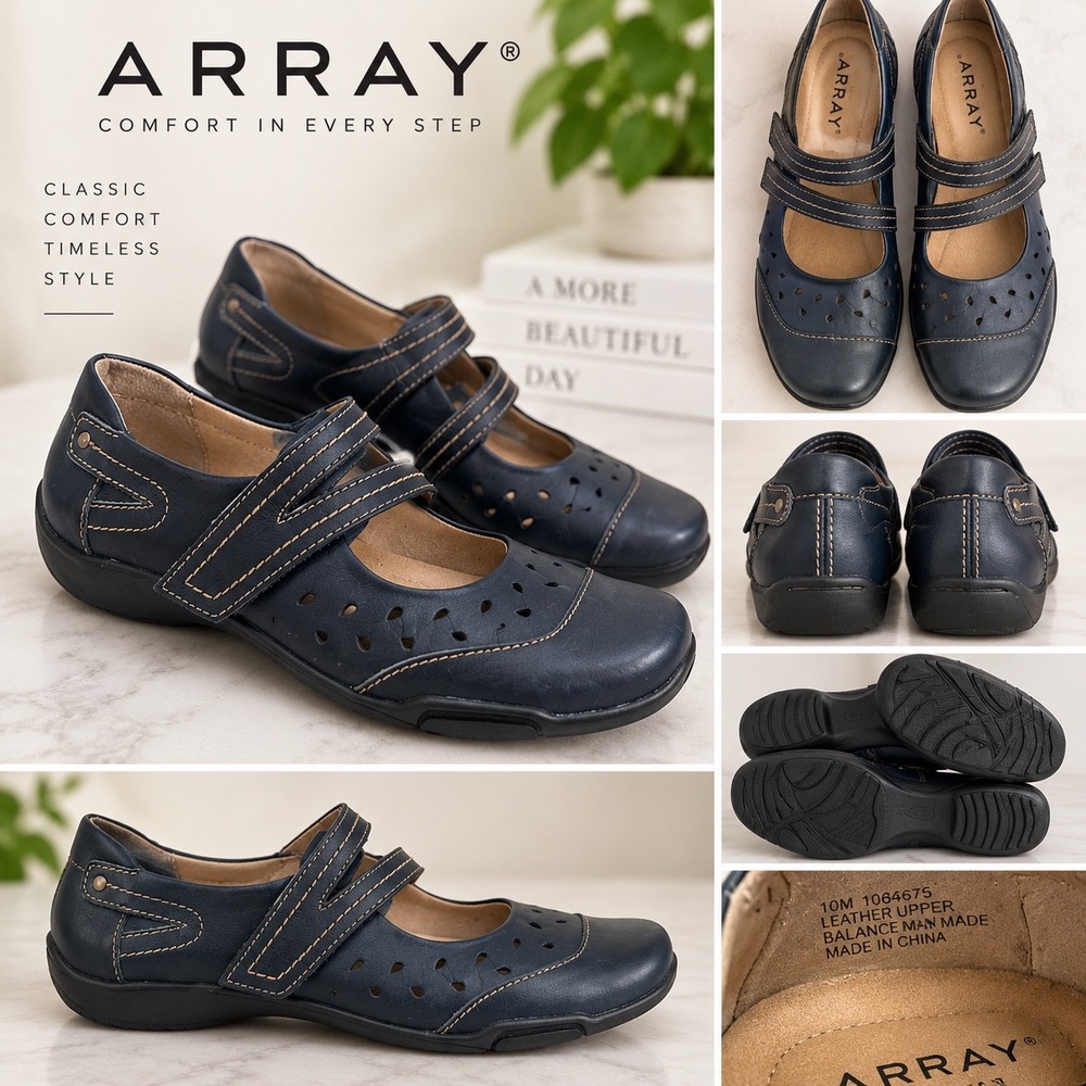 Array Women Navy Blue Leather Laser Cut Mary Jane Comfort Flats Size 10M